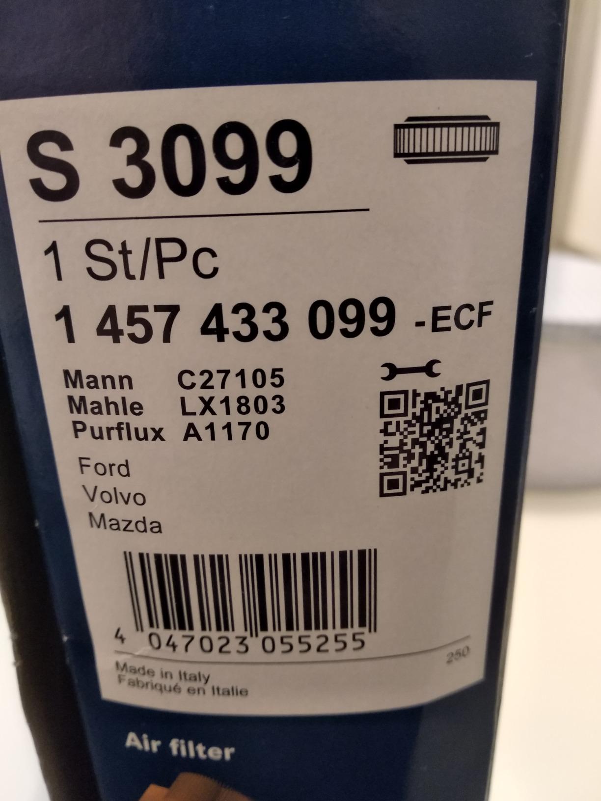 Bosch Filtri 1457433099 filtro aria 266 × 173 × 52 mm