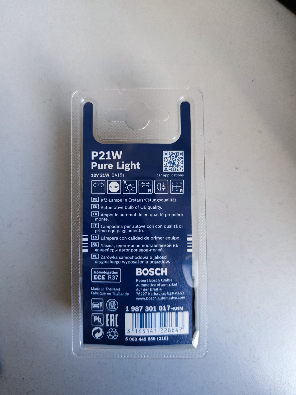 Bosch HCP Pure Light P21W lampadine BA15s 12 V 21 W confezione da 2