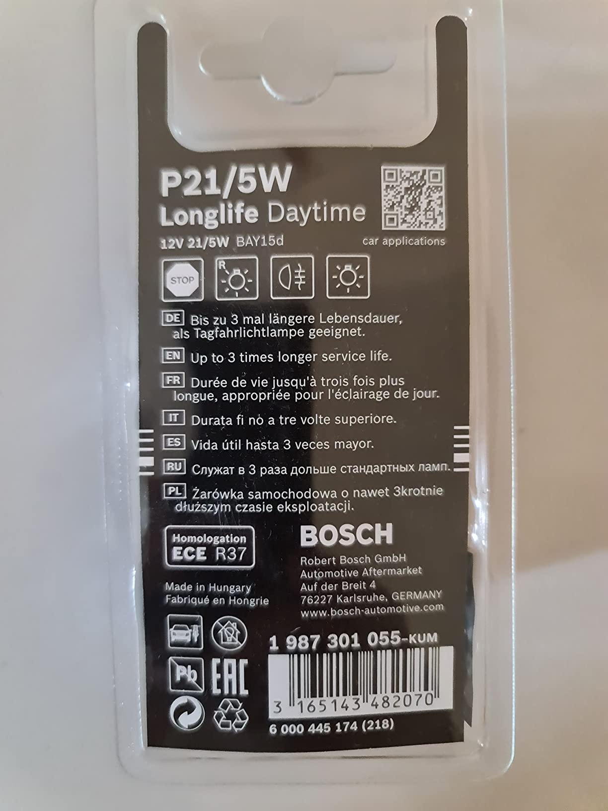 Bosch HCP Lampadine e illuminazione P21/5W Longlife Daytime alogene 12 V 2 pezzi
