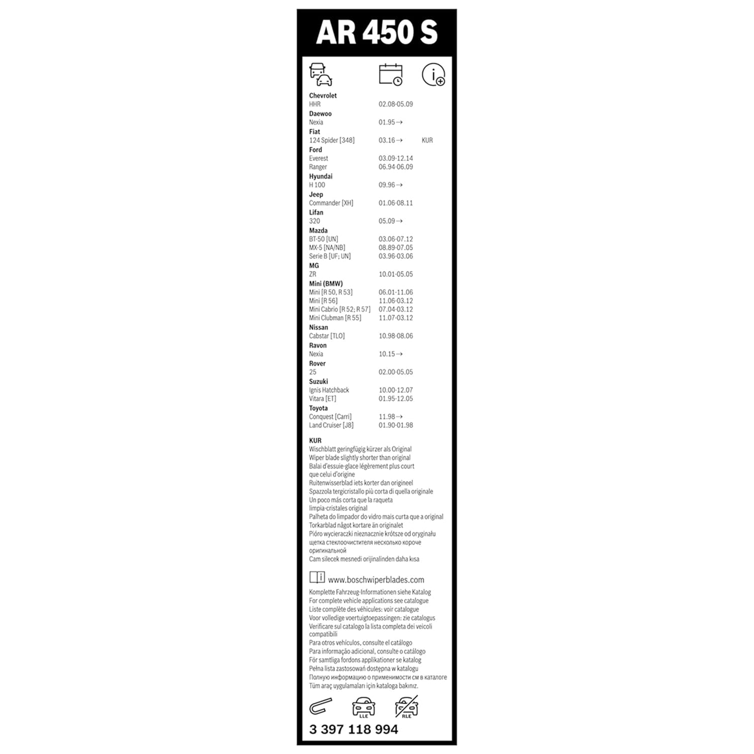 Bosch Spazzole tergicristallo 3397118994, set 450/450 mm flat blade