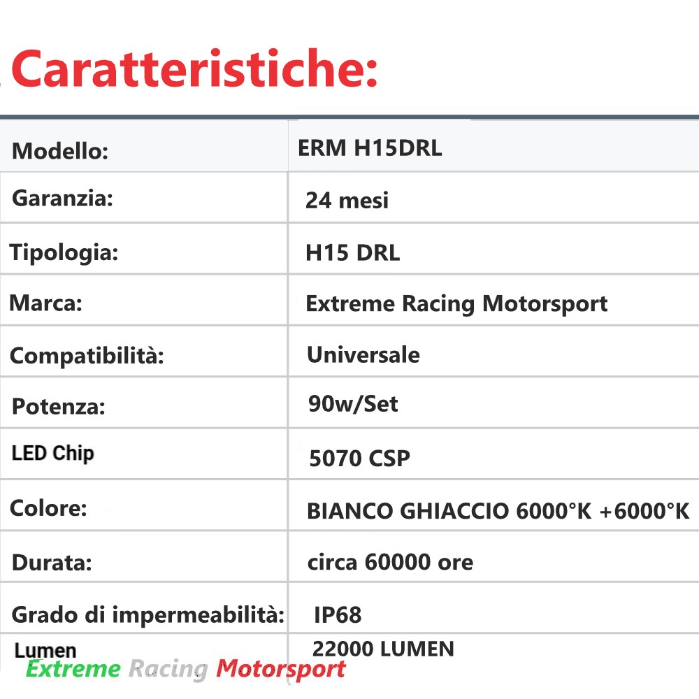 Xtreme Racing Lampadine LED DRL Typ 2 H15 lampadine coppia 6500K 22000 lm