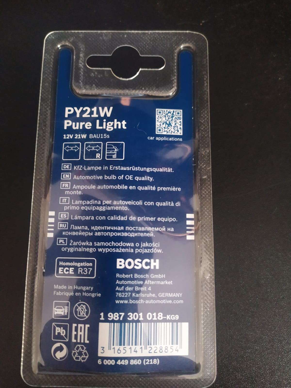 Bosch Lampadine e illuminazione PY21W Pure Light alogene ambra 2 pezzi