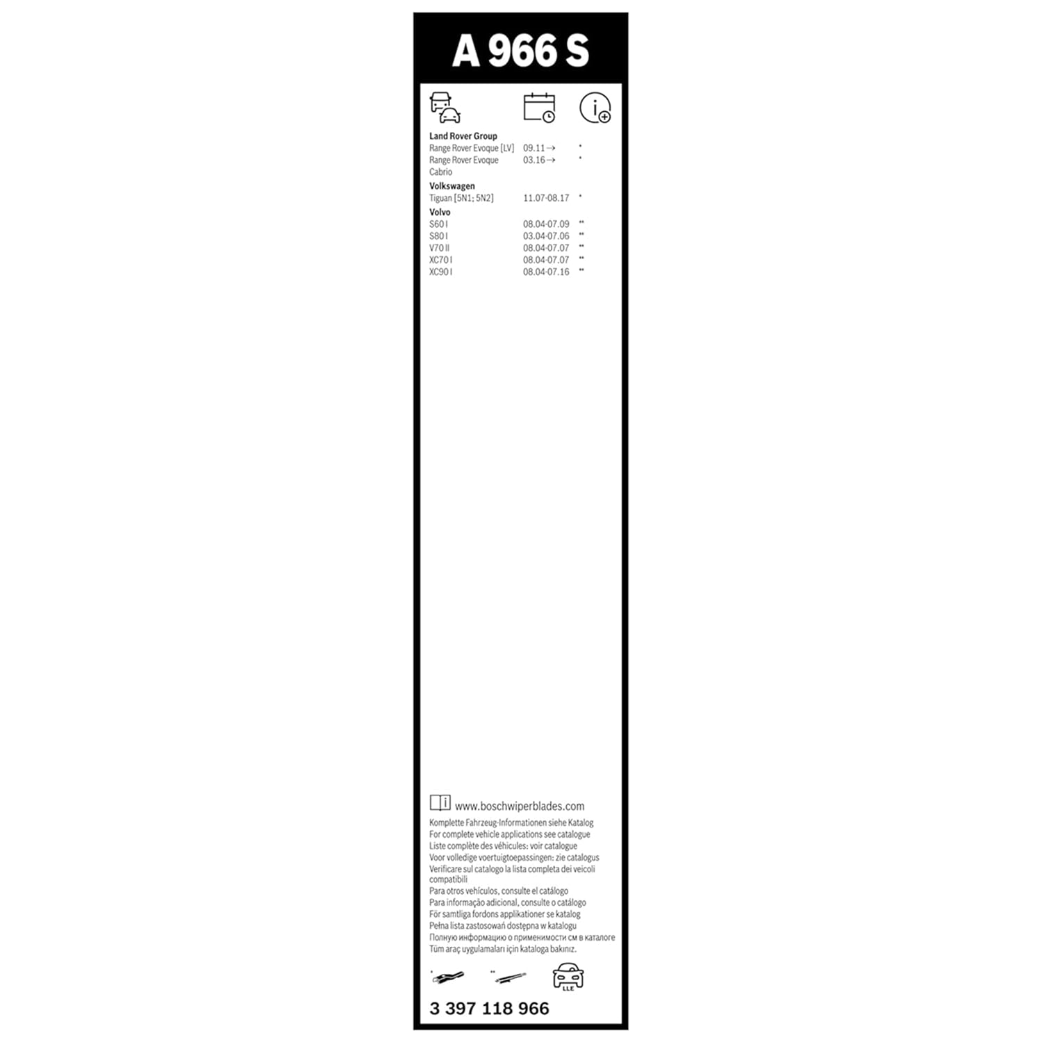 Bosch Spazzole tergicristallo A966S anteriori 600/530 mm piatte